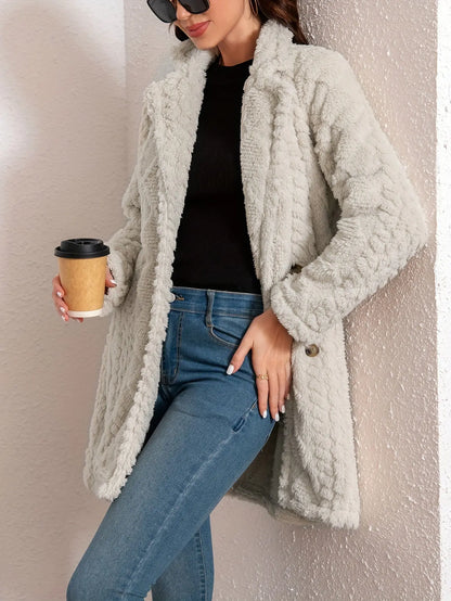 Double-Breasted Teddy Coat with Textured Sleeves, Women's Long Sleeve Winter Outwear MyFave Boutique