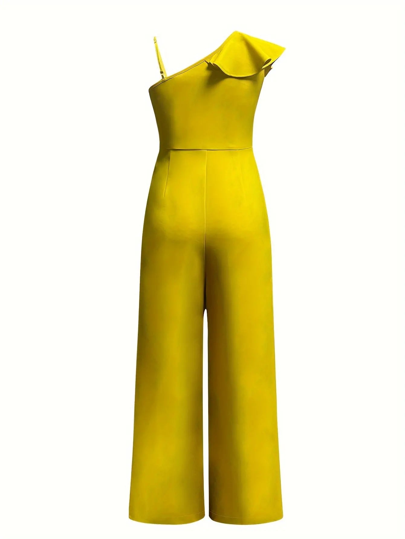 Stylish Spaghetti Strap Ruffle Trim Backless Pleated High Waist Asymmetrical Jumpsuit with Bow Decor MyFave Boutique