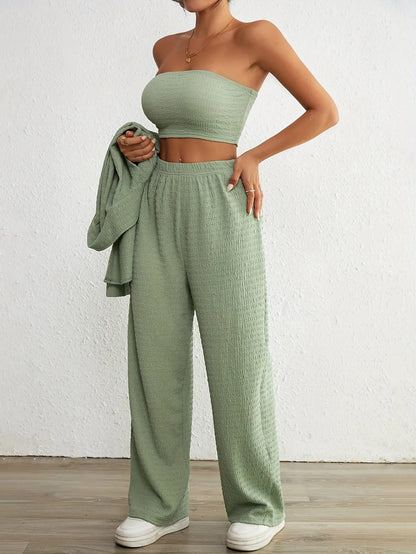 Solid Color Textured Three-piece Set, Casual Long Sleeve Button Front Shirt & Crop Tube Top & Wide Leg Pants Outfits, Women's Clothing MyFave Boutique