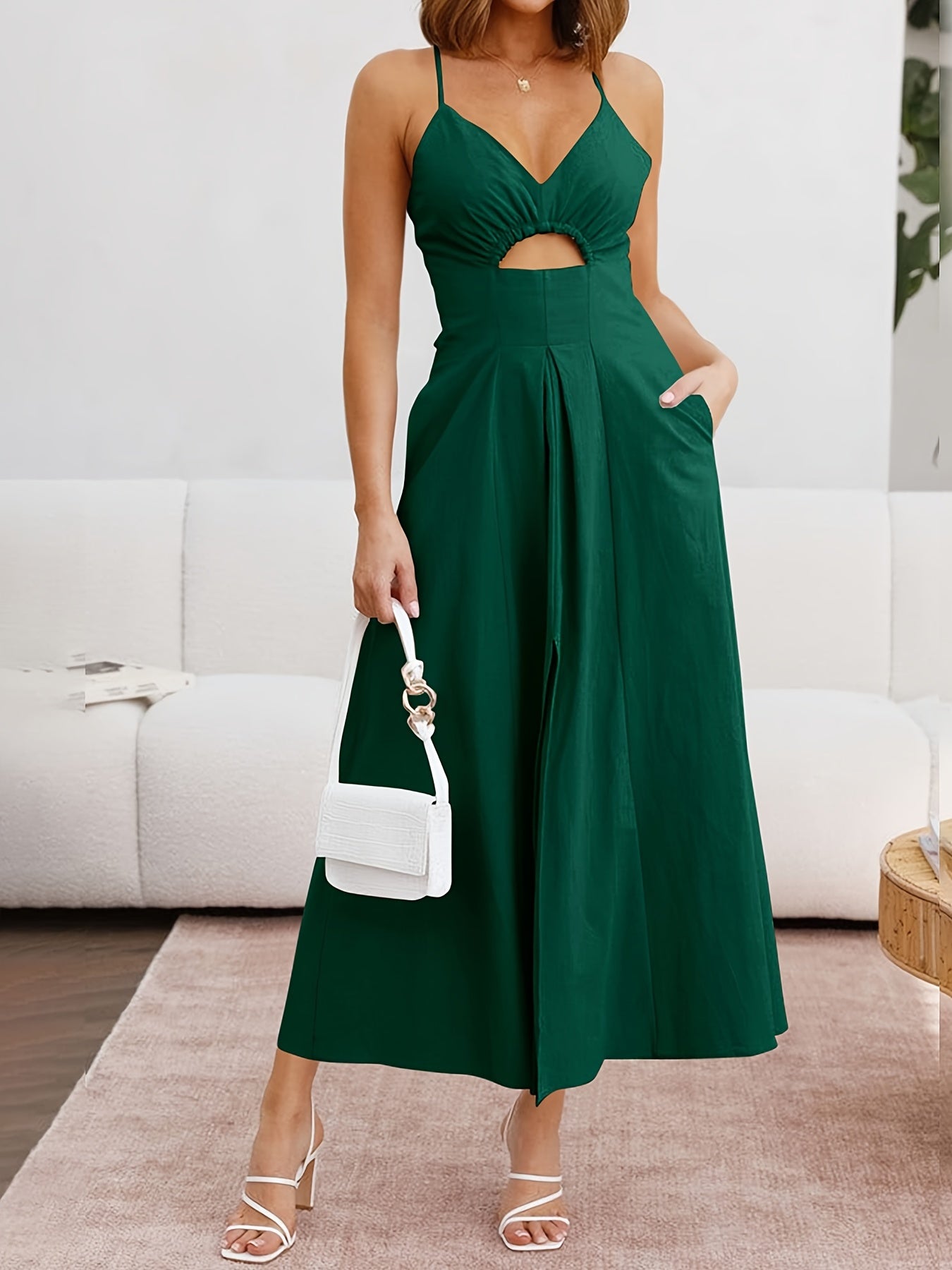 Women's 2024 Summer Slim Shoulder Strap Dress Sleeveless V-neck Hollowed Out Slit Casual Beach Party Long Dress With Pockets MyFave Boutique