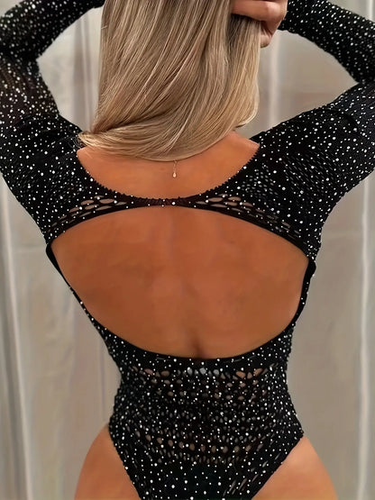 Women's Rhinestone Studded Bodysuit with Open Back and Sheer Mesh, Long Sleeve Party Clubwear MyFave Boutique