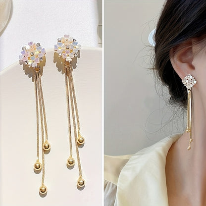 Elegant Golden Tassel Drop Earrings With Crystal Flowers & Zircon - 925 Silvery Post, Perfect For Daily Wear Or Parties Beaded Earrings For Women Flower Earrings For Women MyFave Boutique