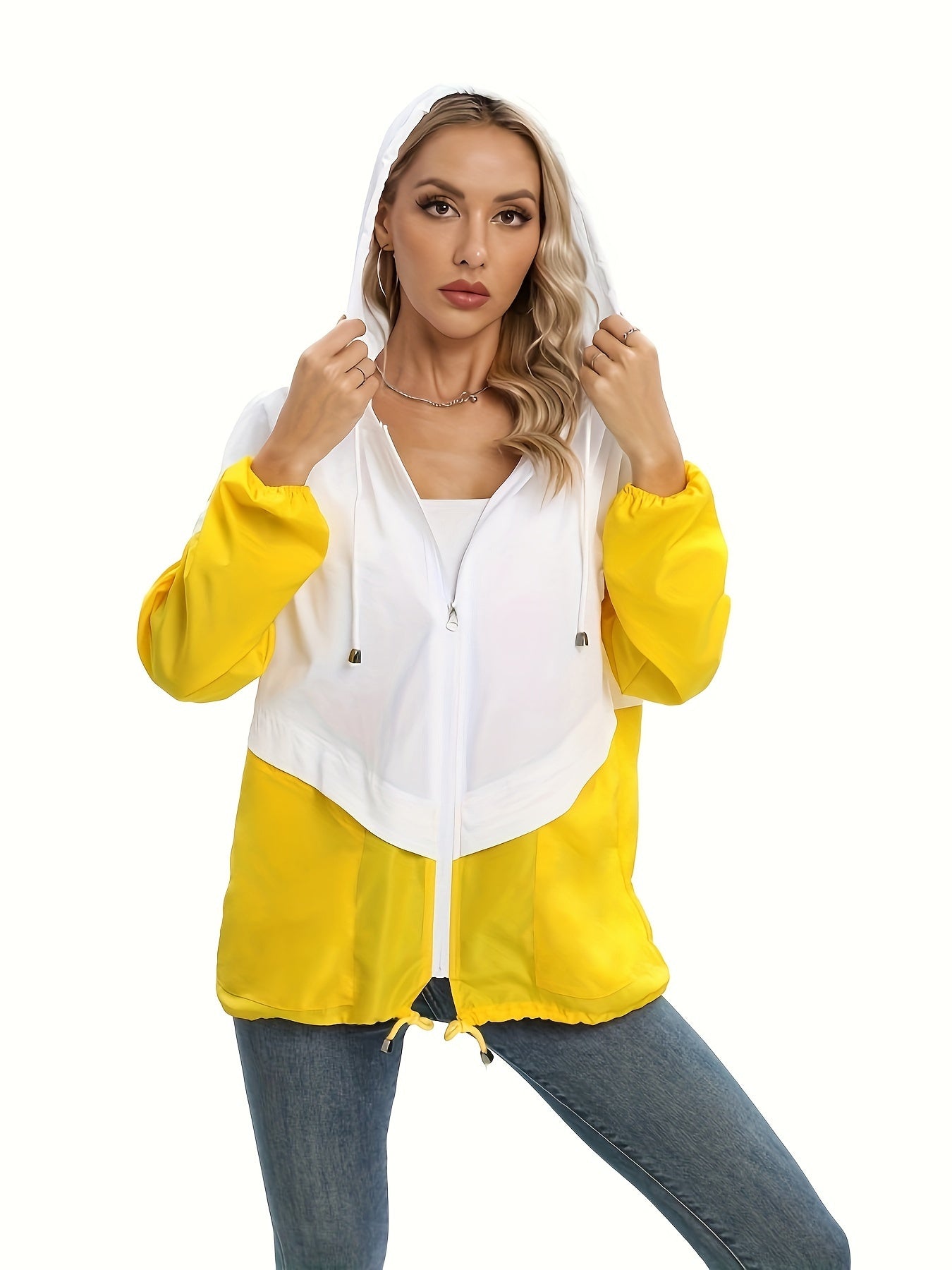 Women's Splicing Color Lightweight Waterproof Jacket With Pocket Zipper And Drawstring Windbreaker Jacket, Suitable For Casual Style Of Hiking And Outdoor Activities MyFave Boutique