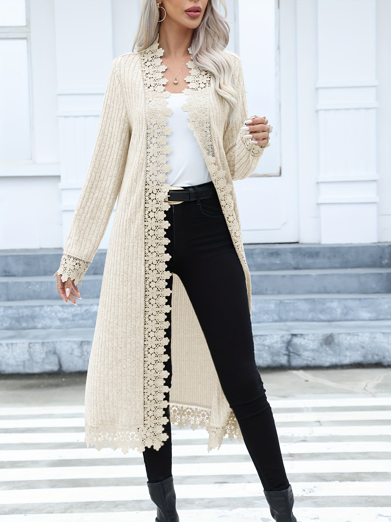 Women's Ribbed Knit Cardigan with Lace Trim - Cozy and Casual Long Sleeve Sweater MyFave Boutique