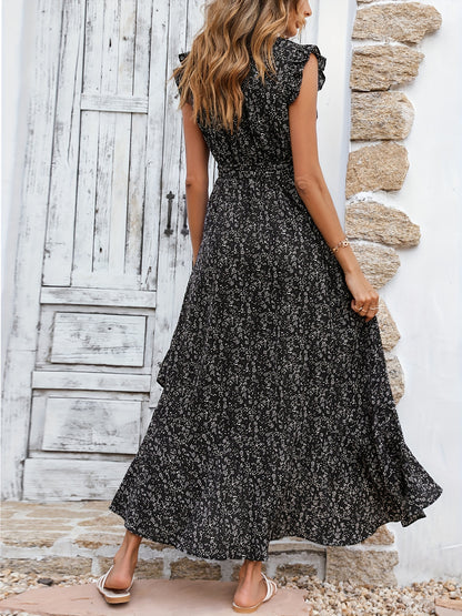 Women's Summer Dress 2024 Ruffled Top Sleeves, V-neck Waistband, Split Bohemian Floral Casual Party Beach Long Dress MyFave Boutique