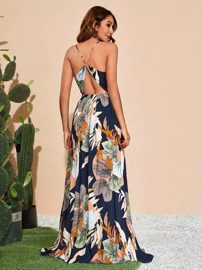 Tropical Print V-neck Cami Dress, Maxi Dress, Vacation Style Sleeveless Split Dress For Spring & Summer, Women's Clothing MyFave Boutique