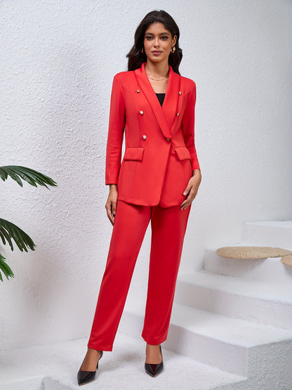 Solid Two-piece Set, Elegant Button Front Blazer & Slim Pants Outfits, Women's Clothing MyFave Boutique