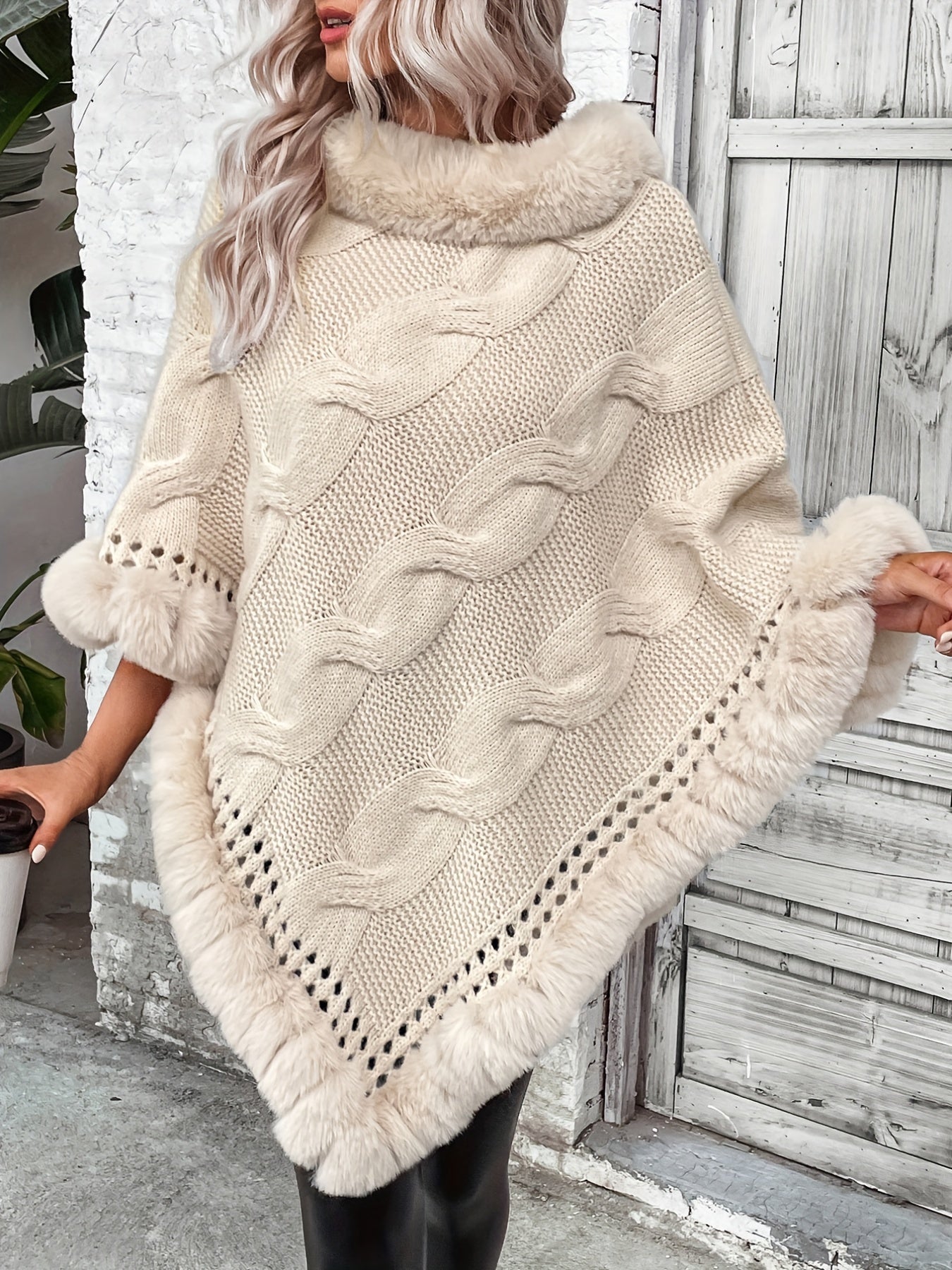 Cable Knit Faux-Fur Trim Cape Top, Elegant Solid Pullover Knitted Top For Fall & Winter, Women's Clothing MyFave Boutique