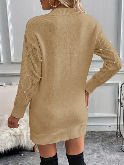 Geo Pattern Beaded Sweater Dress, Elegant Crew Neck Long Sleeve Knitted Dress For Fall & Winter, Women's Clothing MyFave Boutique