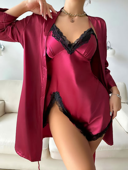 Women's Satin Pajama Set with Long Sleeve Robe, Belt, and Lace V-Neck Slip Dress - Luxurious Sleepwear and Loungewear MyFave Boutique