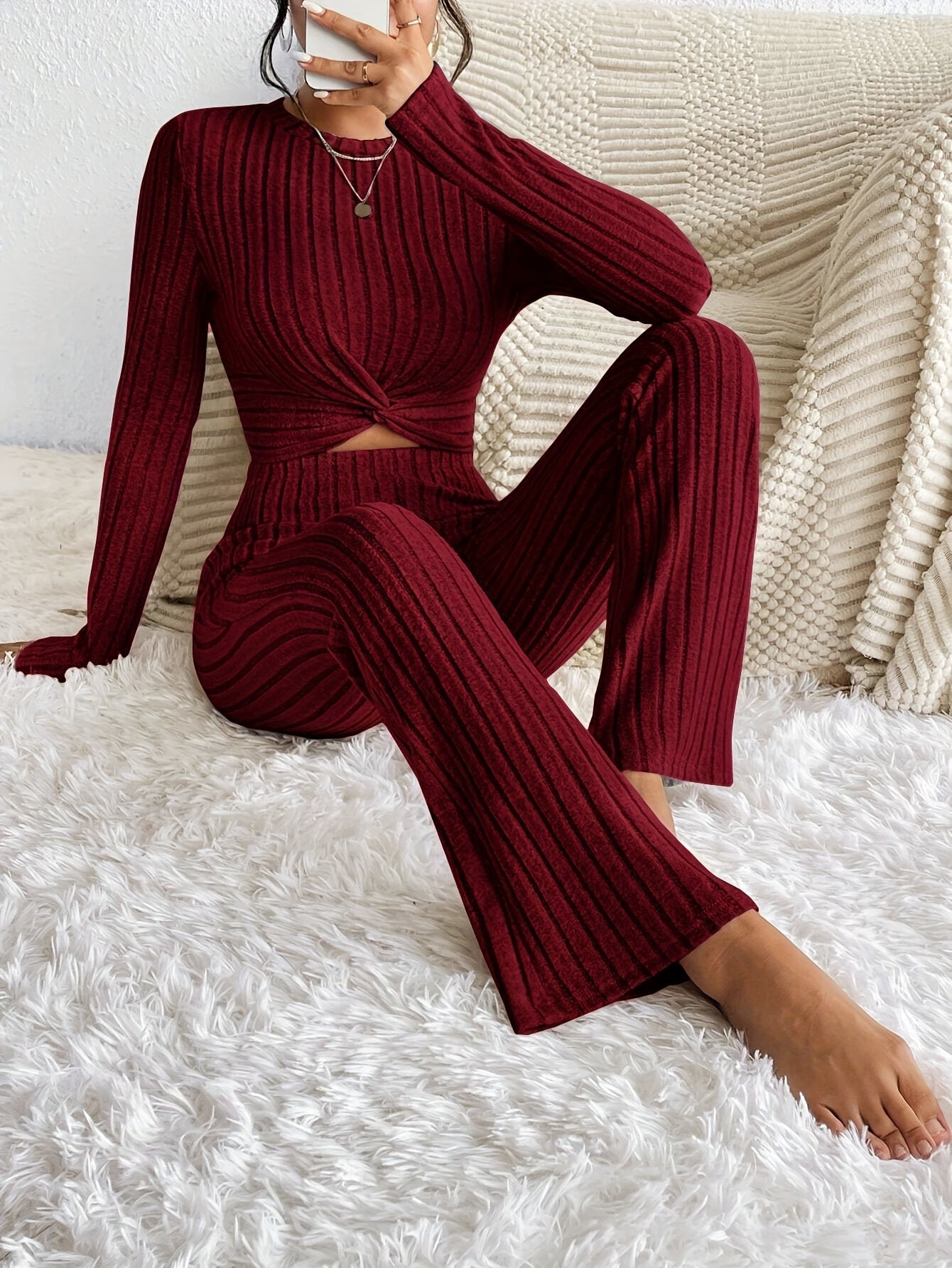 Elegant French Twist-Knot Women's Outfit - Ribbed Long Sleeve Top & Pants Set, Machine Washable, Polyester - Perfect for Fall/Winter MyFave Boutique