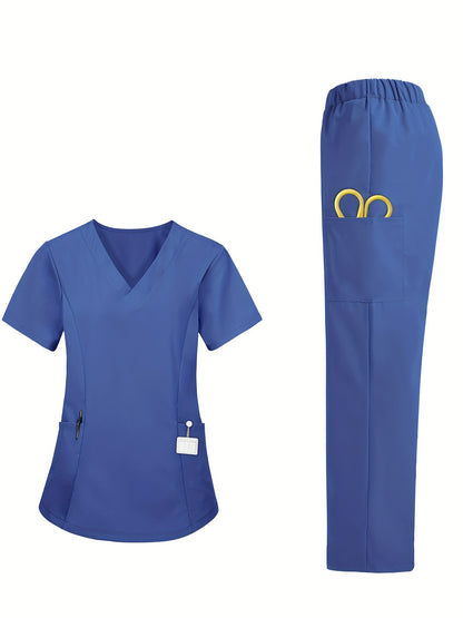 Women's and Men's Unisex Scrubs Set - V-Neck Polyester Medical Uniform with Multiple Pockets, Solid Color Short Sleeve Top and Pants, Slight Stretch Fabric, Loose-Fit, All-Season - Professional Healthcare Attire MyFave Boutique