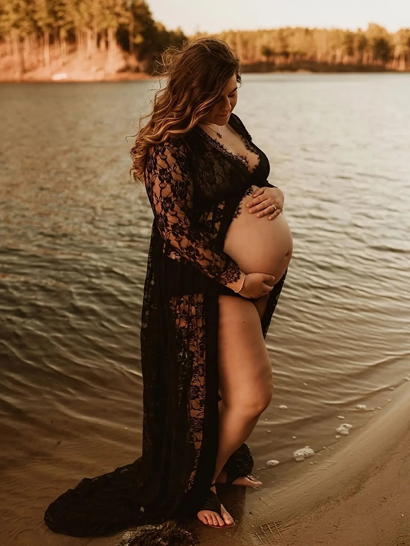 Sexy Sheer Lace Maternity Dress - V-Neck With Long Sleeves & Oversized Hem For Pregnant Women MyFave Boutique