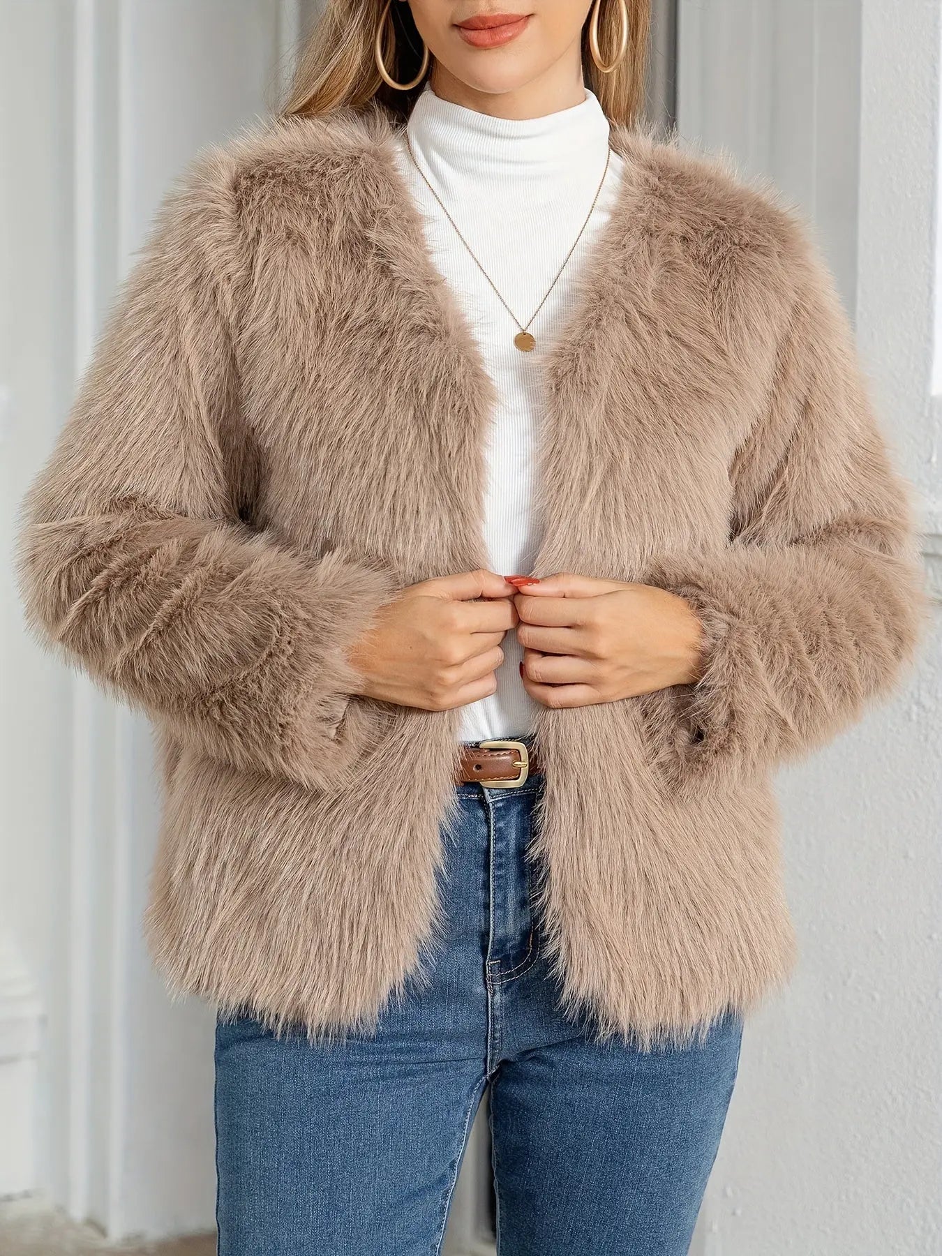 Solid Open Front Furry Cost, Elegant Long Sleeve Coat For Winter, Women's Clothing MyFave Boutique