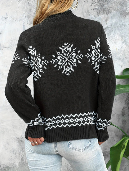 Christmas Tribal Pattern Mock Neck Sweater, Casual Long Sleeve Sweater For Fall & Winter, Women's Clothing MyFave Boutique