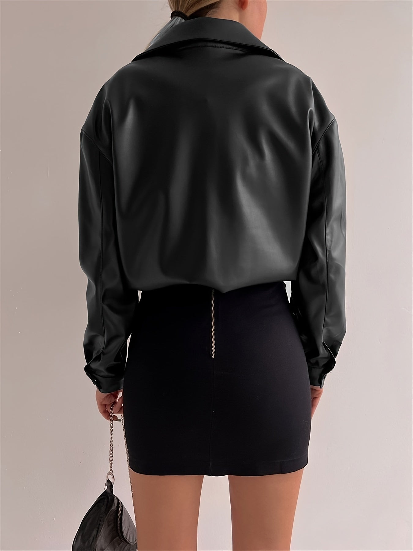 Leather Button Front Shirt, Sexy Long Sleeve Lapel Collar Shirt For Spring & Fall, Women's Clothing MyFave Boutique