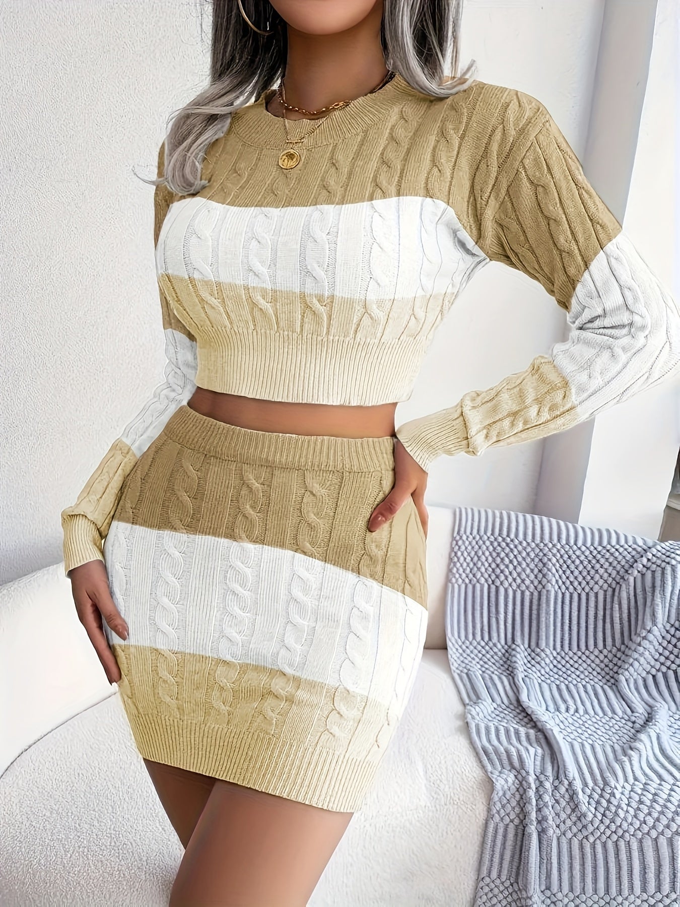 Color Block Sweater Two-piece Set, Crew Neck Long Sleeve Tops & Bag Hip Skirts Outfits, Women's Clothing MyFave Boutique