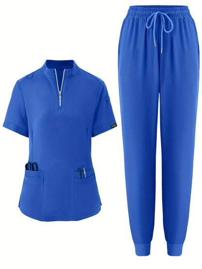 two-piece Professional Nurse Two-Piece Set: V-Neck Short Sleeve Top & Long Pants for Women MyFave Boutique