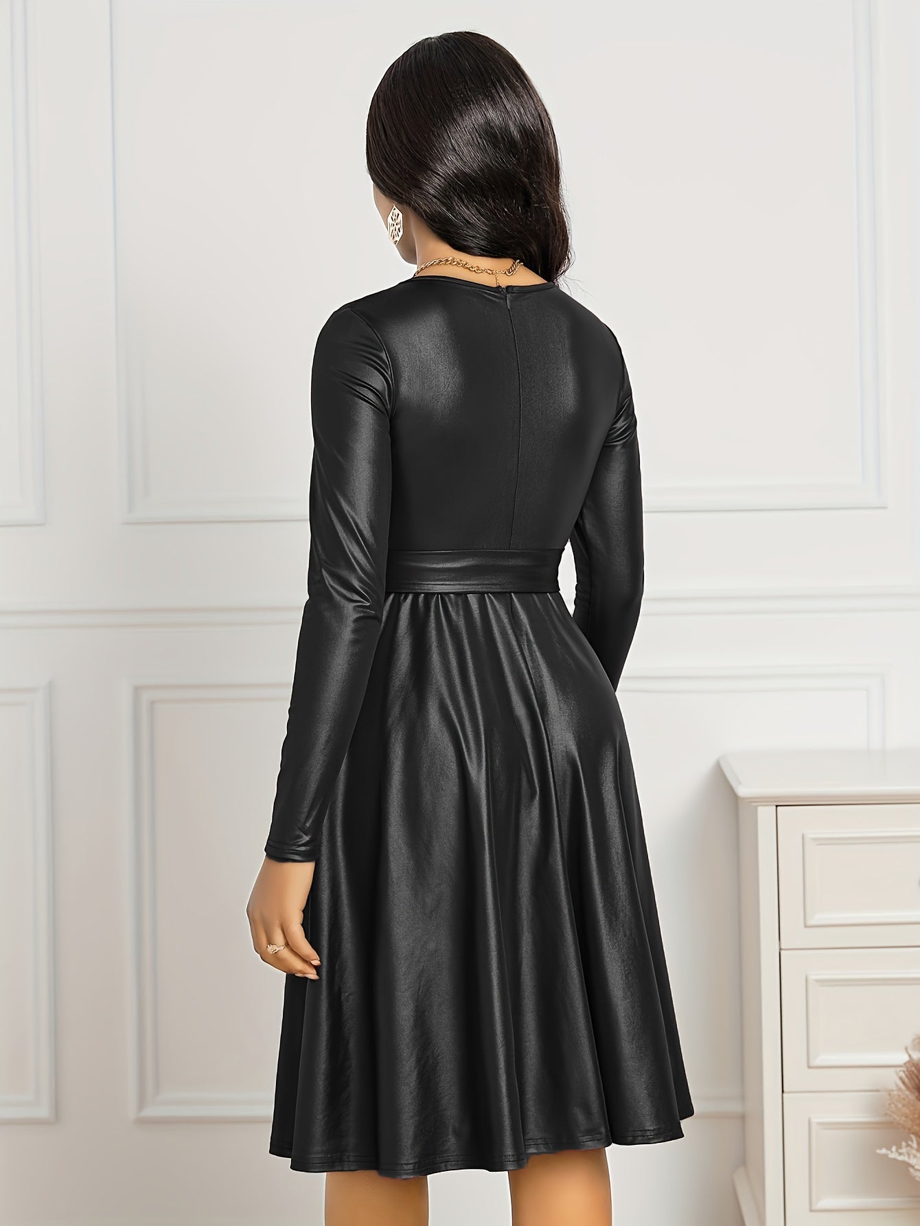 Women's Casual Long Sleeve Dress with Belted Waist and PU Leather Detailing MyFave Boutique