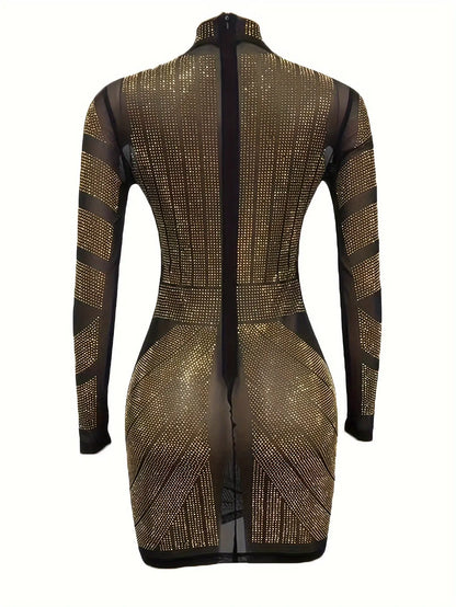 Elegant Bodycon Dress with Rhinestone Embellishments and Long Sleeves: Perfect for Parties - Women's Fashion MyFave Boutique