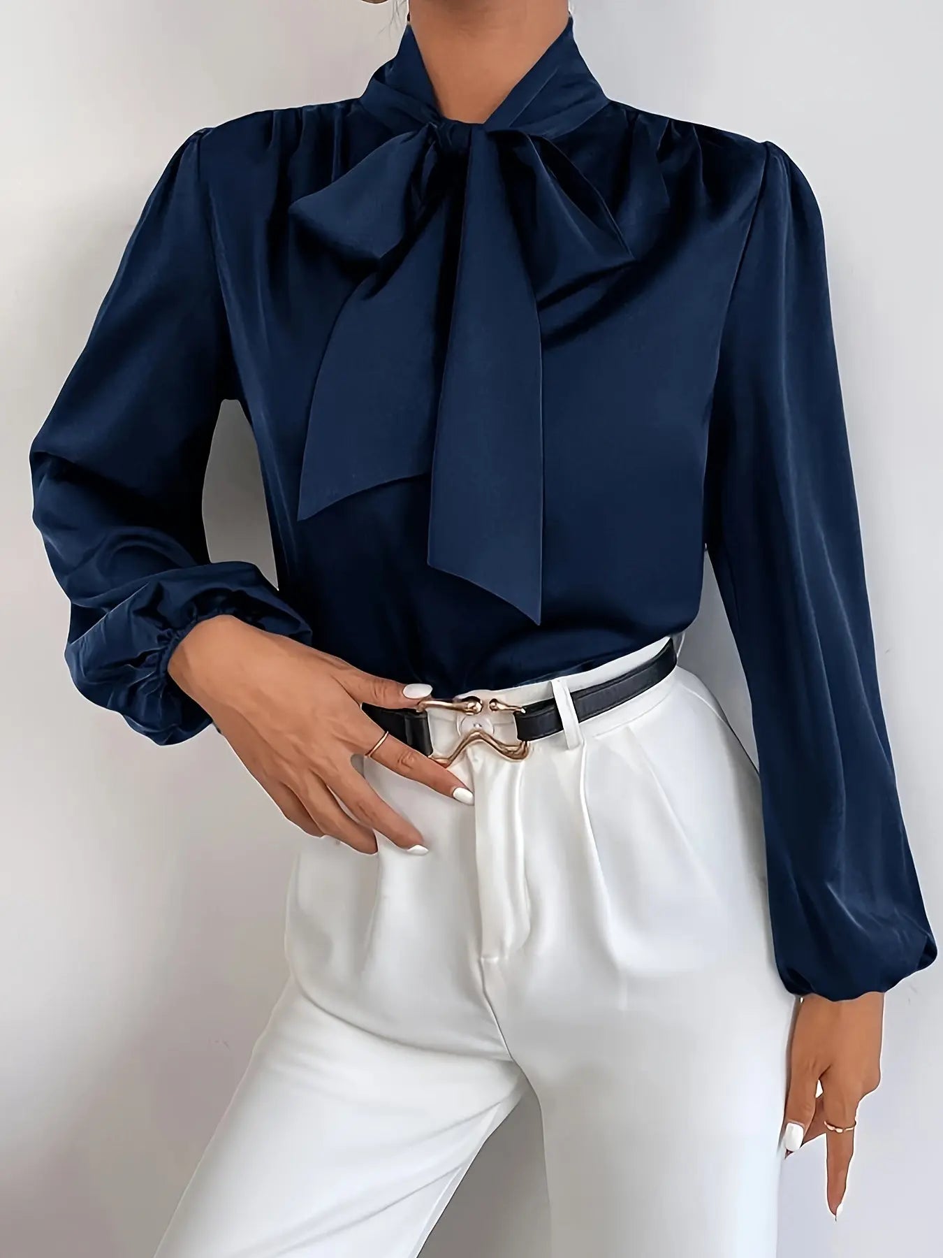 Solid Color Tie-Neck Blouse, Elegant Long Sleeve Blouse for Spring & Fall, Women's Clothing MyFave Boutique