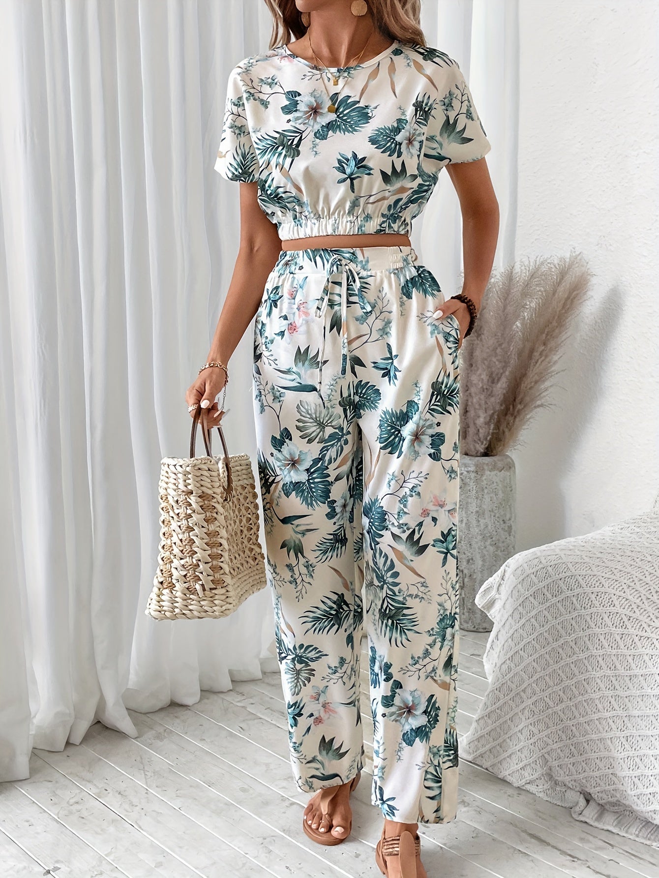 Floral Print Vacation Style Set, Crop Short Sleeve Crew Neck Blouse & Loose Wide Leg Pants, Women's Clothing MyFave Boutique