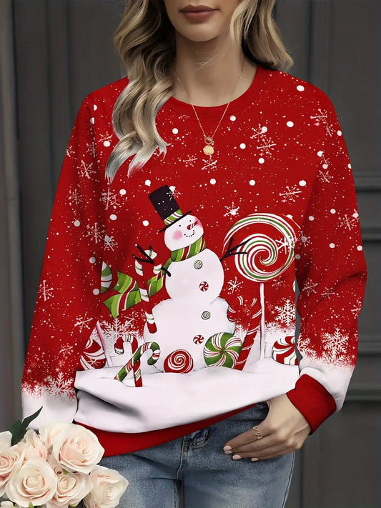 Women's Festive Snowman & Snowflake Print Crew Neck Sweatshirt - Casual Long Sleeve Pullover, Breathable Polyester Blend, Machine Washable, Stretch Fabric, Perfect Christmas Gift Idea MyFave Boutique