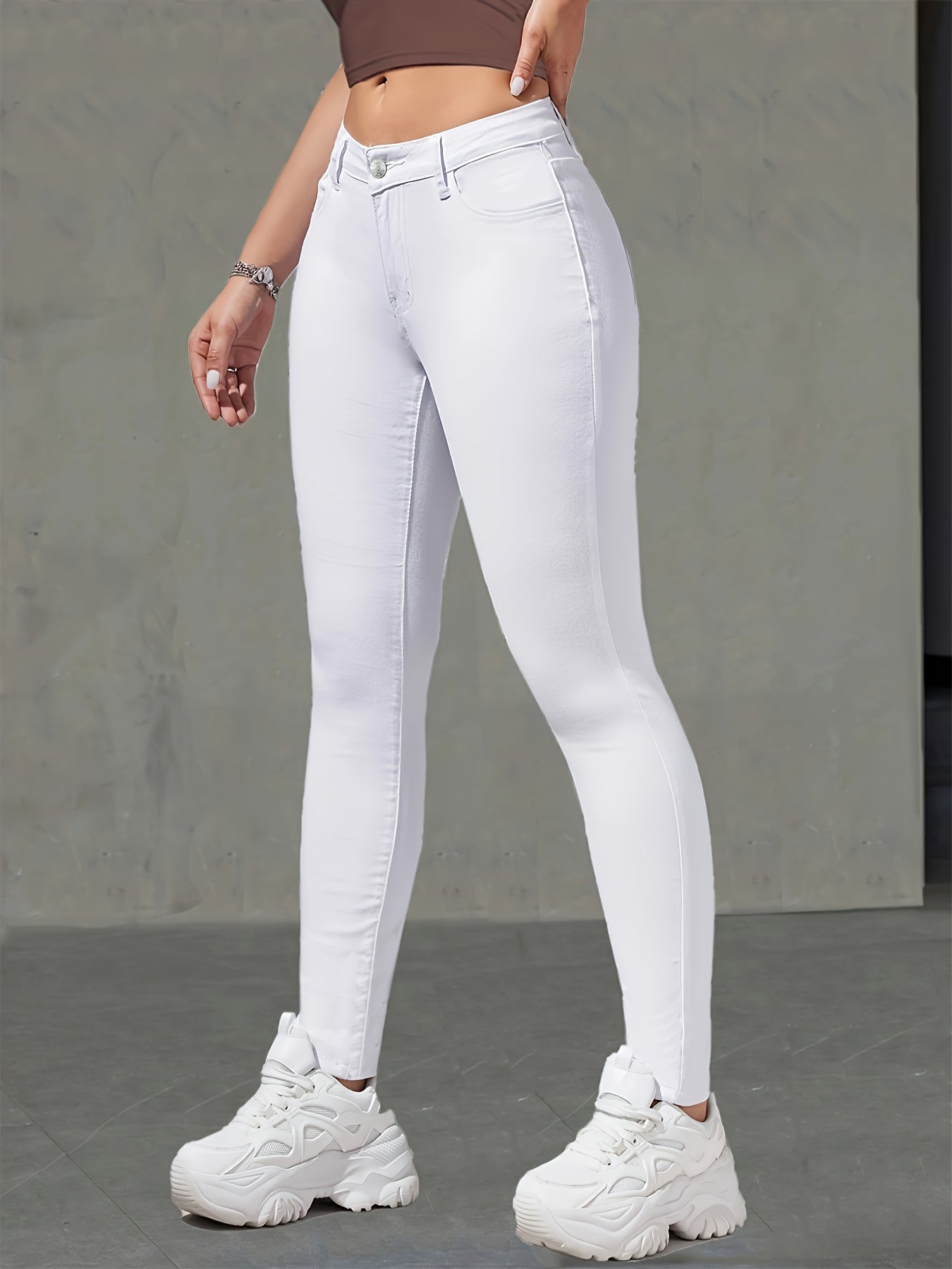 Fashionable White Denim Leggings with Stretch and Warmth - Long, Tight Fit, No Belt, Button Closure, Cotton Blend, Suitable for Winter MyFave Boutique