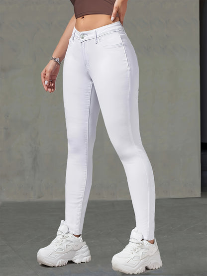 Fashionable White Denim Leggings with Stretch and Warmth - Long, Tight Fit, No Belt, Button Closure, Cotton Blend, Suitable for Winter MyFave Boutique