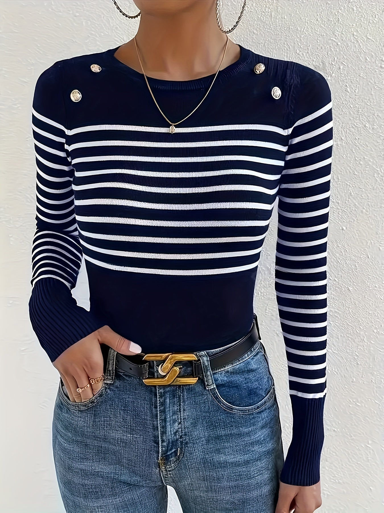 Striped Slim Crew Neck Sweater, Elegant Button Decor Long Sleeve Sweater For Fall & Winter, Women's Clothing MyFave Boutique