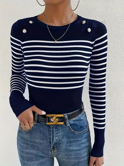 Striped Slim Crew Neck Sweater, Elegant Button Decor Long Sleeve Sweater For Fall & Winter, Women's Clothing MyFave Boutique