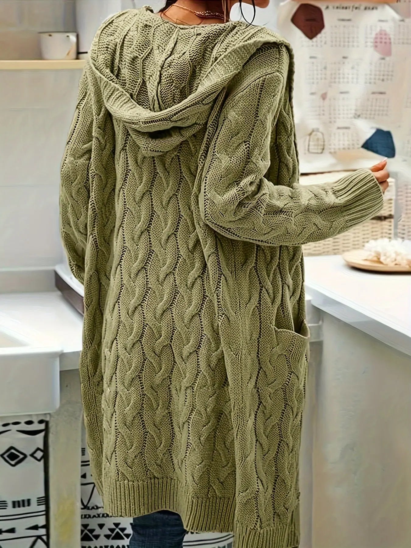 Women Hooded Open Front Cardigan Cable Knit Sweaters Solid Color Chunky Long Sweater Coats MyFave Boutique