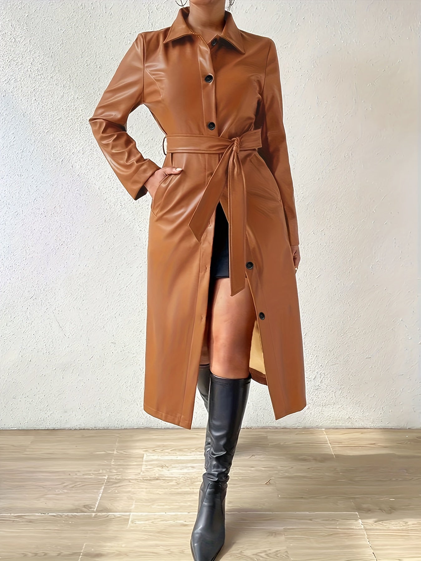 Belted Double Breasted Trench Coat, Elegant Faux Leather Pockets Long Sleeve Collar Coat, Women's Clothing MyFave Boutique