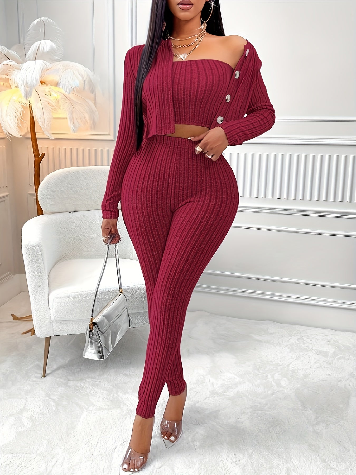 Casual Three Piece Set, Strapless Crop Tube Top, High Waist Skinny Leggings & Single Breasted Long Sleeve Cardigan, Women's Clothing MyFave Boutique