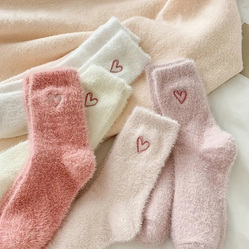 5 Pairs Heart Embroidery Socks, Cute & Warm Fluffy Thick Floor Mid Tube Socks For Fall & Winter, Women's Stockings & Hosiery MyFave Boutique