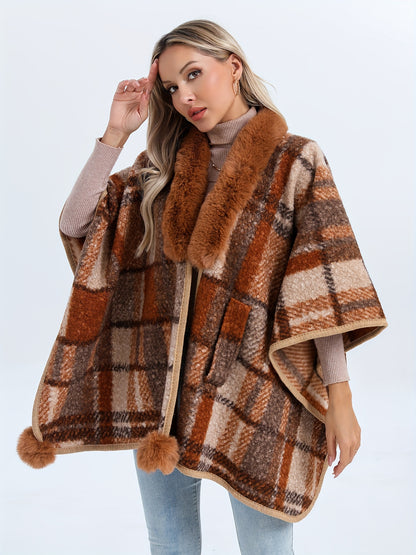 Plaid Pattern Batwing Sleeve Gathered Cape, Elegant Open Front Fuzzy Trim Pom Hem Cardigan For Fall & Winter, Women's Clothing MyFave Boutique