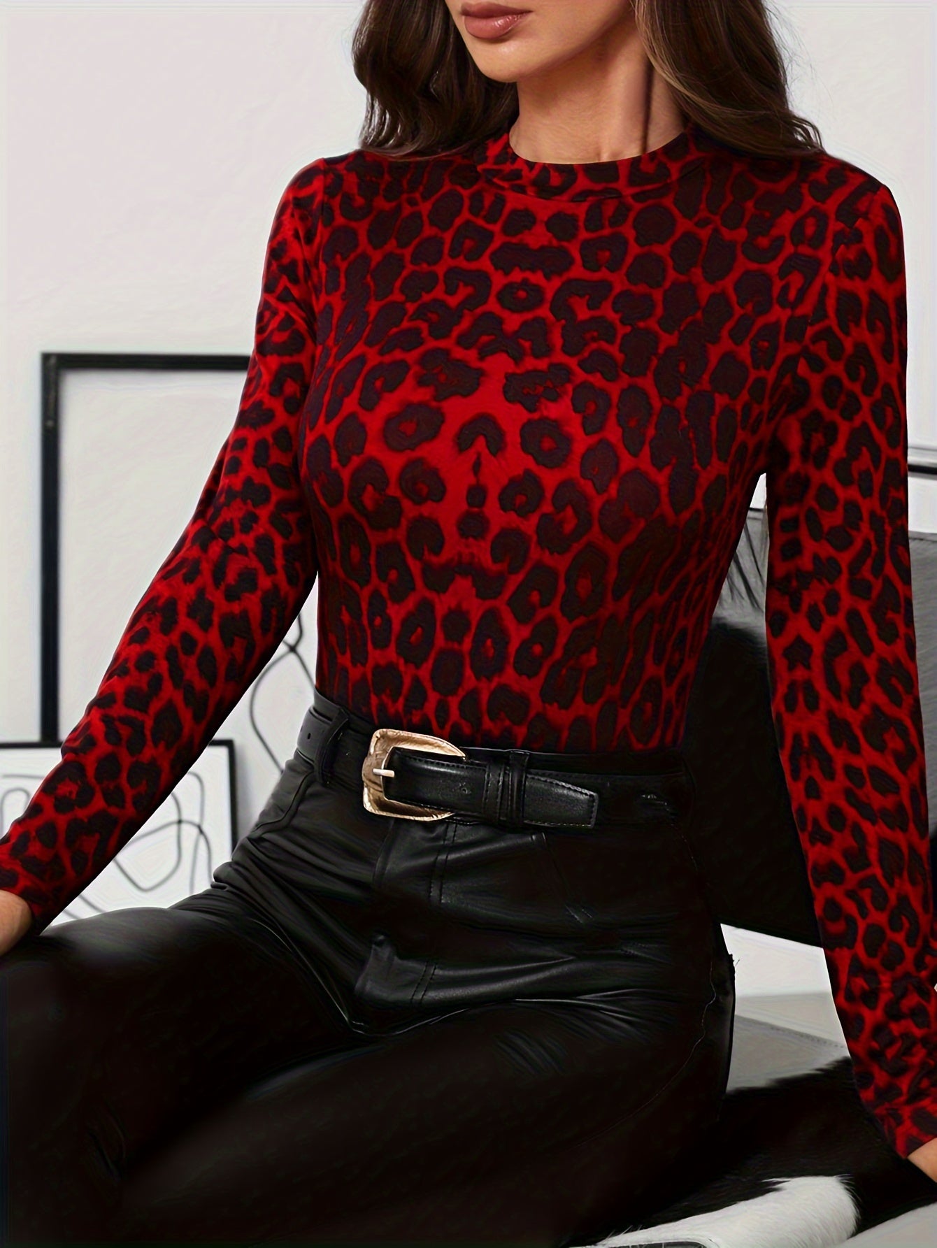 Women's Casual Crew Neck Leopard Print T-Shirt with Slight Stretch, Polyester Blend, Long Sleeve, Skinny Fit Knit Pullover for Fall/Winter MyFave Boutique