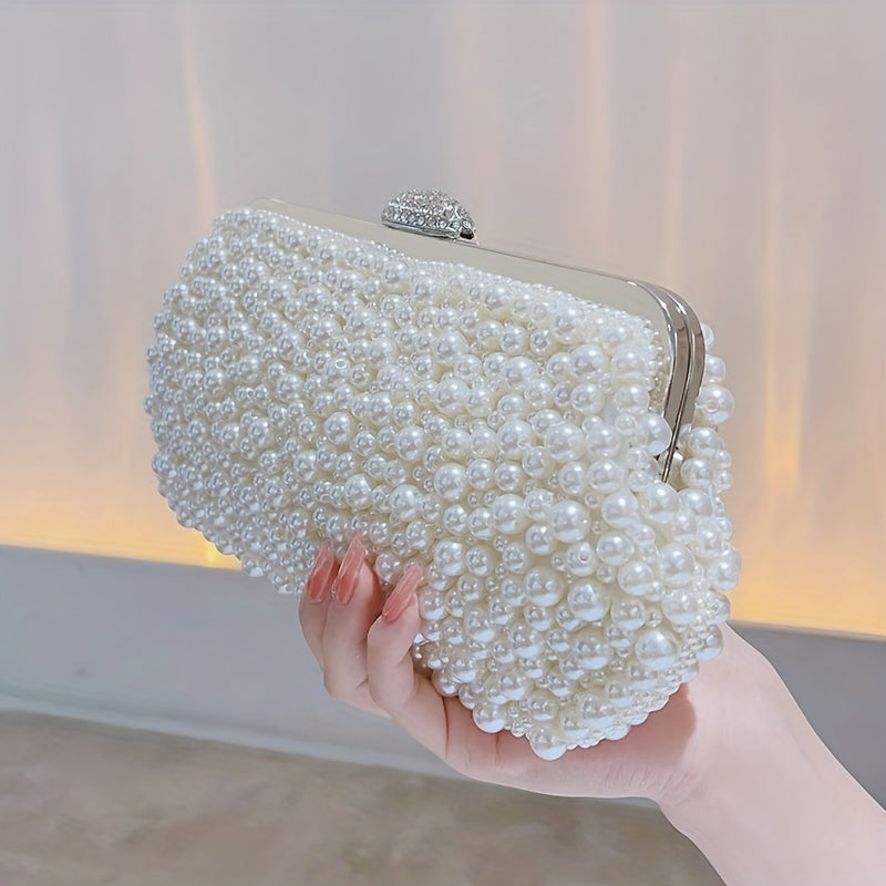 Elegant Faux Pearl Clutch Bag with Metal Chain and Floral Handle for Events, Parties, and Weddings MyFave Boutique