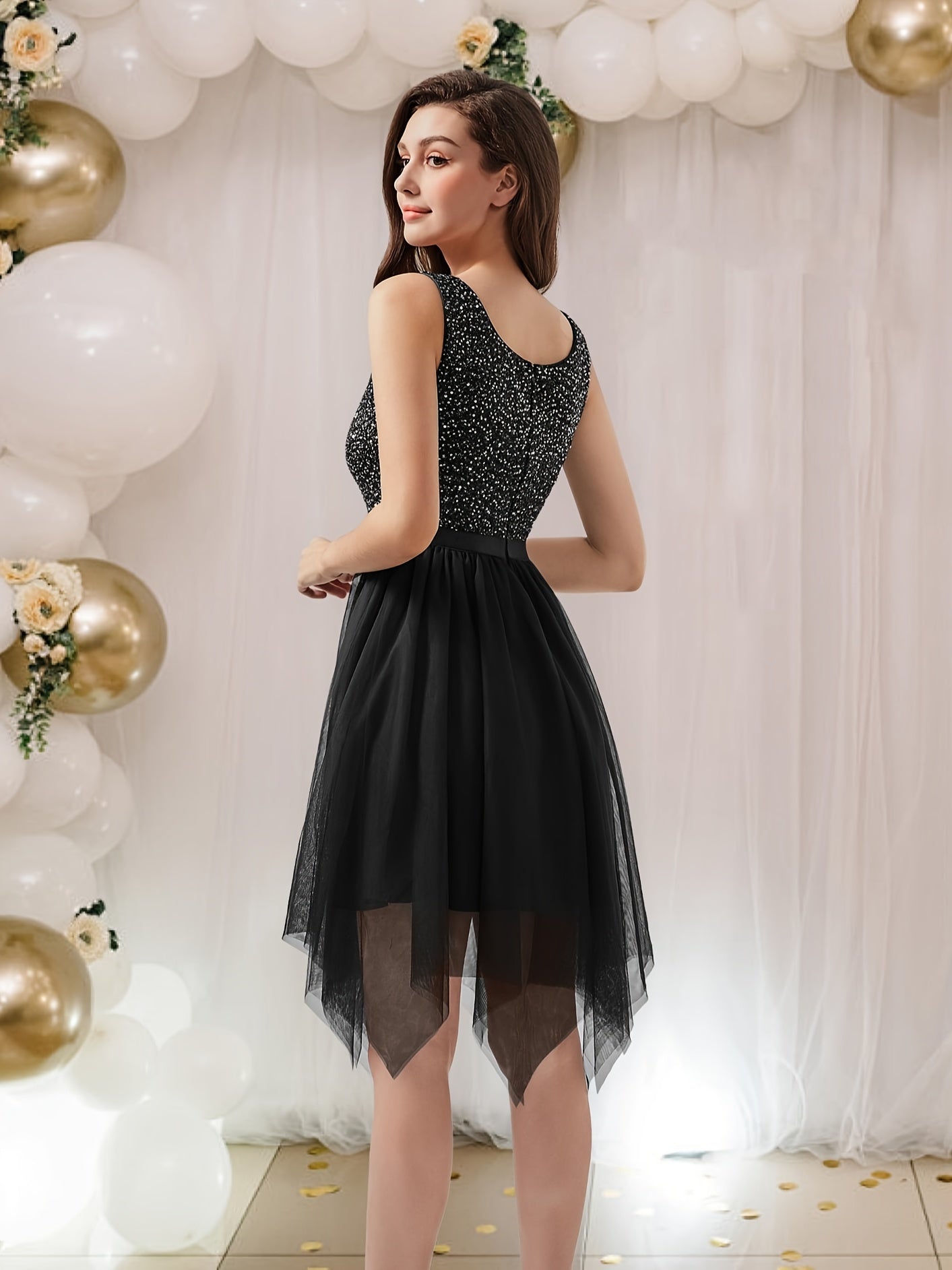 Sequined V Neck Bridesmaid Dress, Midi,Elegant Sleeveless Irregular Ruffle Hem Dress For Party, Women's Clothing MyFave Boutique