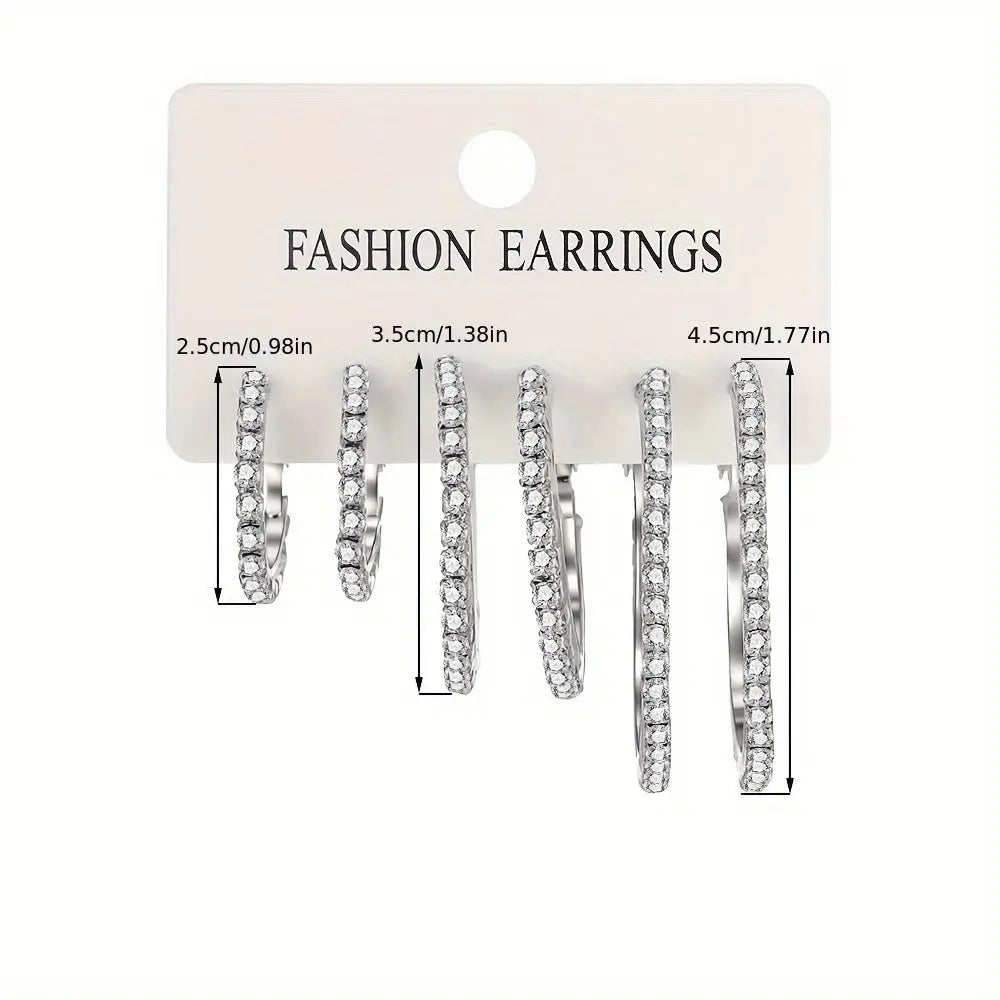 6-Piece Set Simple Hoop Earrings with Rhinestones, Zinc Alloy & Stainless Steel, No Plating - Versatile Vacation & Daily Wear Jewelry for Women MyFave Boutique