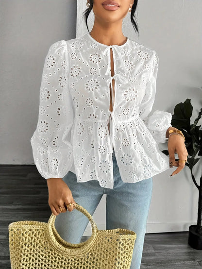 Eyelet Embroidered Tie Front Blouse, Elegant Lantern Sleeve Solid Color Blouse For Spring & Fall, Women's Clothing MyFave Boutique