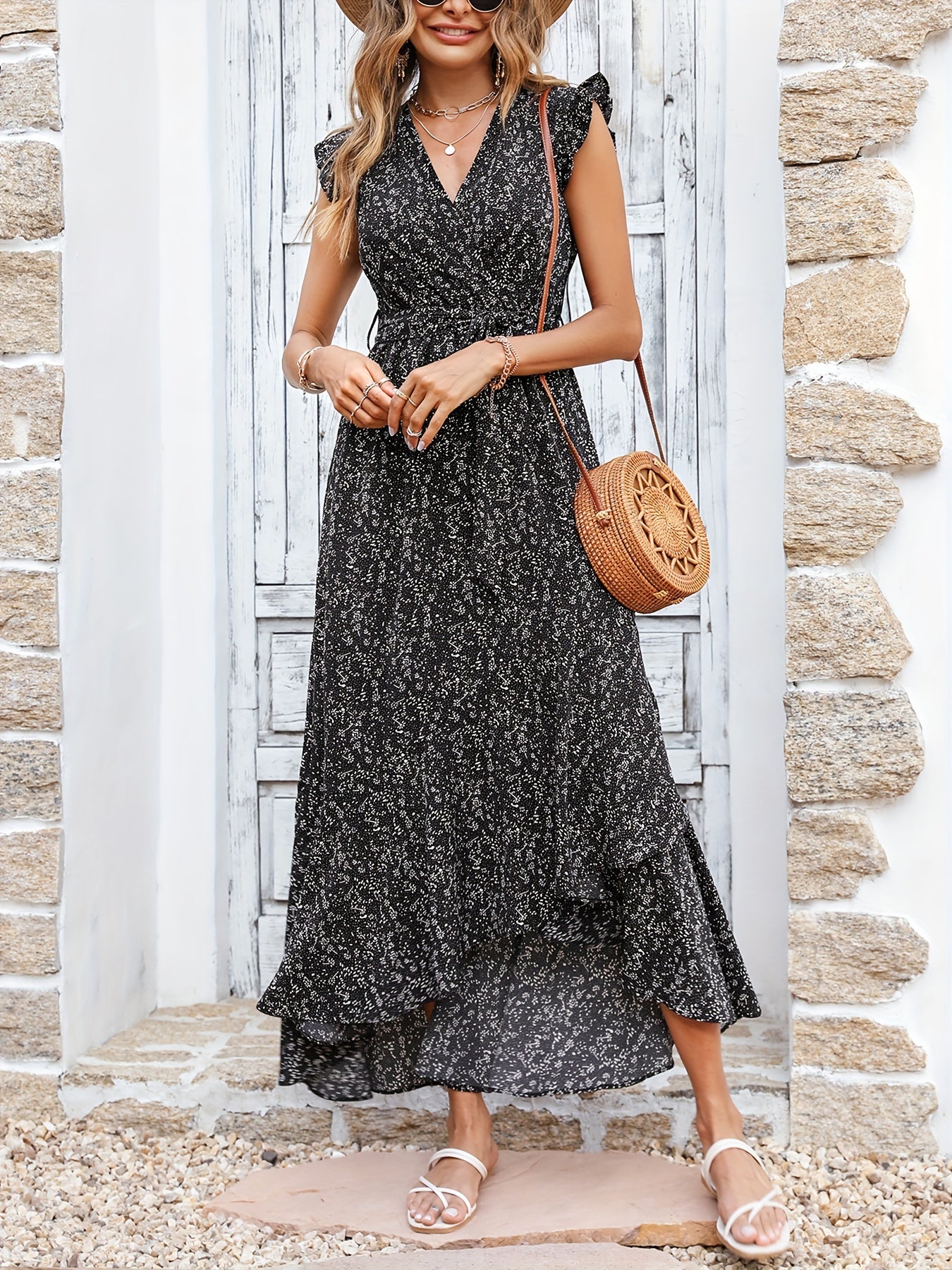 Women's Summer Dress 2024 Ruffled Top Sleeves, V-neck Waistband, Split Bohemian Floral Casual Party Beach Long Dress MyFave Boutique