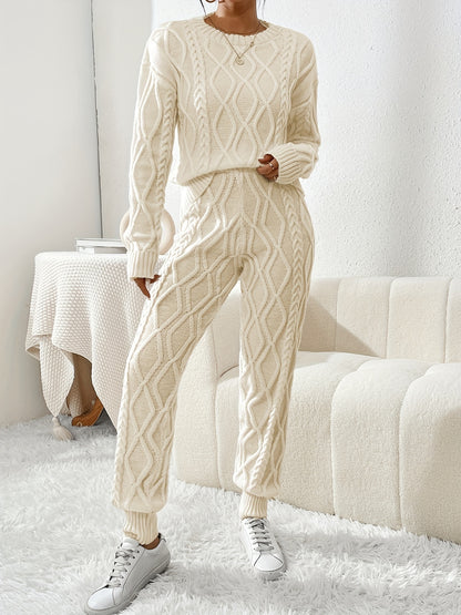 two-piece Women's Cable Knit Sweater Set - Cozy Crew Neck Long Sleeve Top and Long Pants Outfit for Comfortable Winter Wear MyFave Boutique