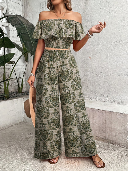 Floral Print Elegant Pantsuit Set with Off Shoulder Backless Crop Blouse & Wide Leg Elastic High Waist Pants - Women's Clothing MyFave Boutique