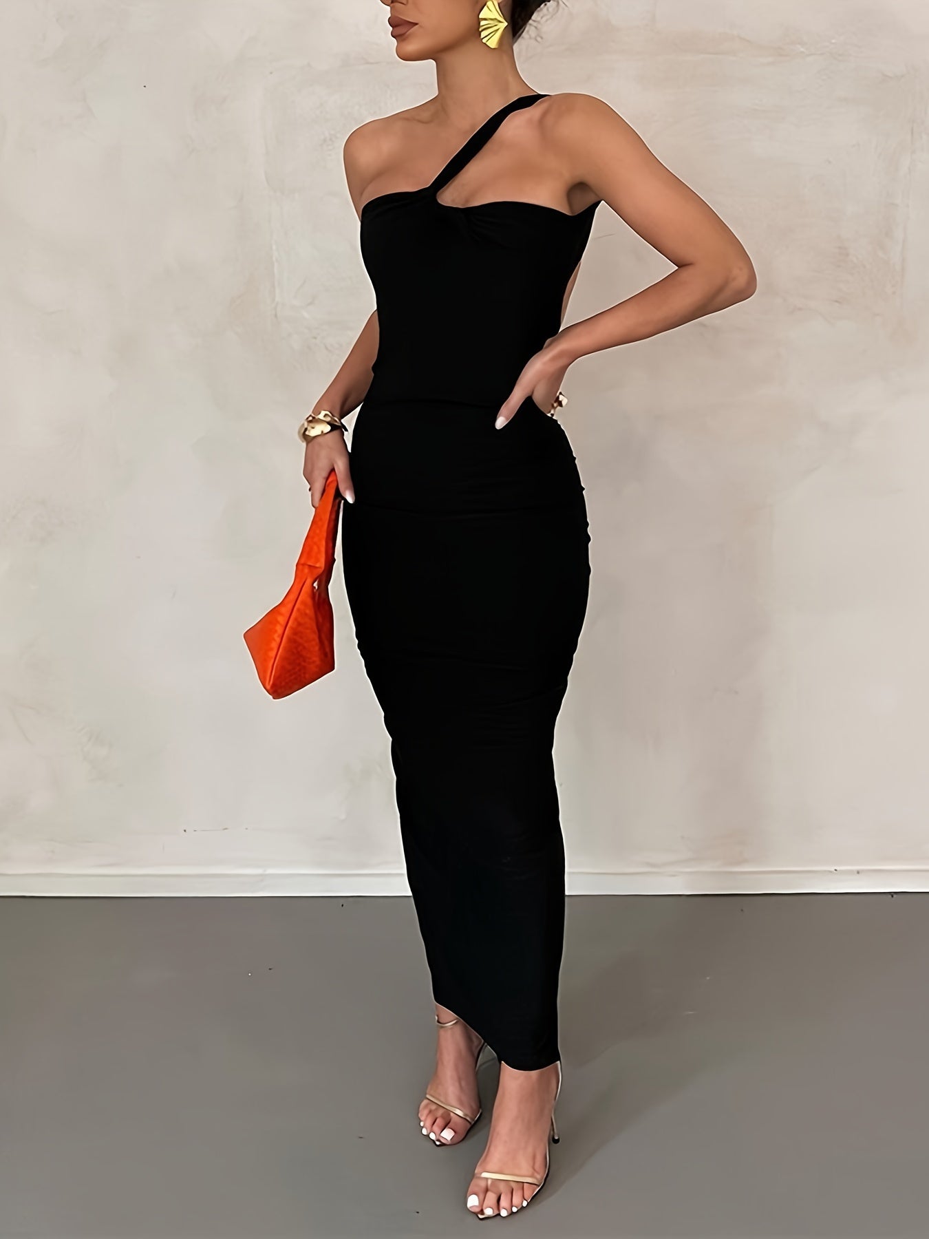 One Shoulder Ruched Cut Out Dress, Sexy Bodycon Maxi Dress For Party & Banquet, Women's Clothing MyFave Boutique