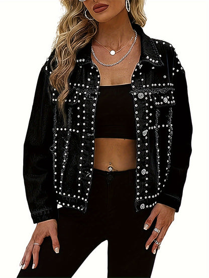 Women's Fashion Cropped Denim Jacket, Long Sleeve Turn-Down Collar, Buttoned Studded Short Rivet Jean Coat, Street Style Outerwear MyFave Boutique