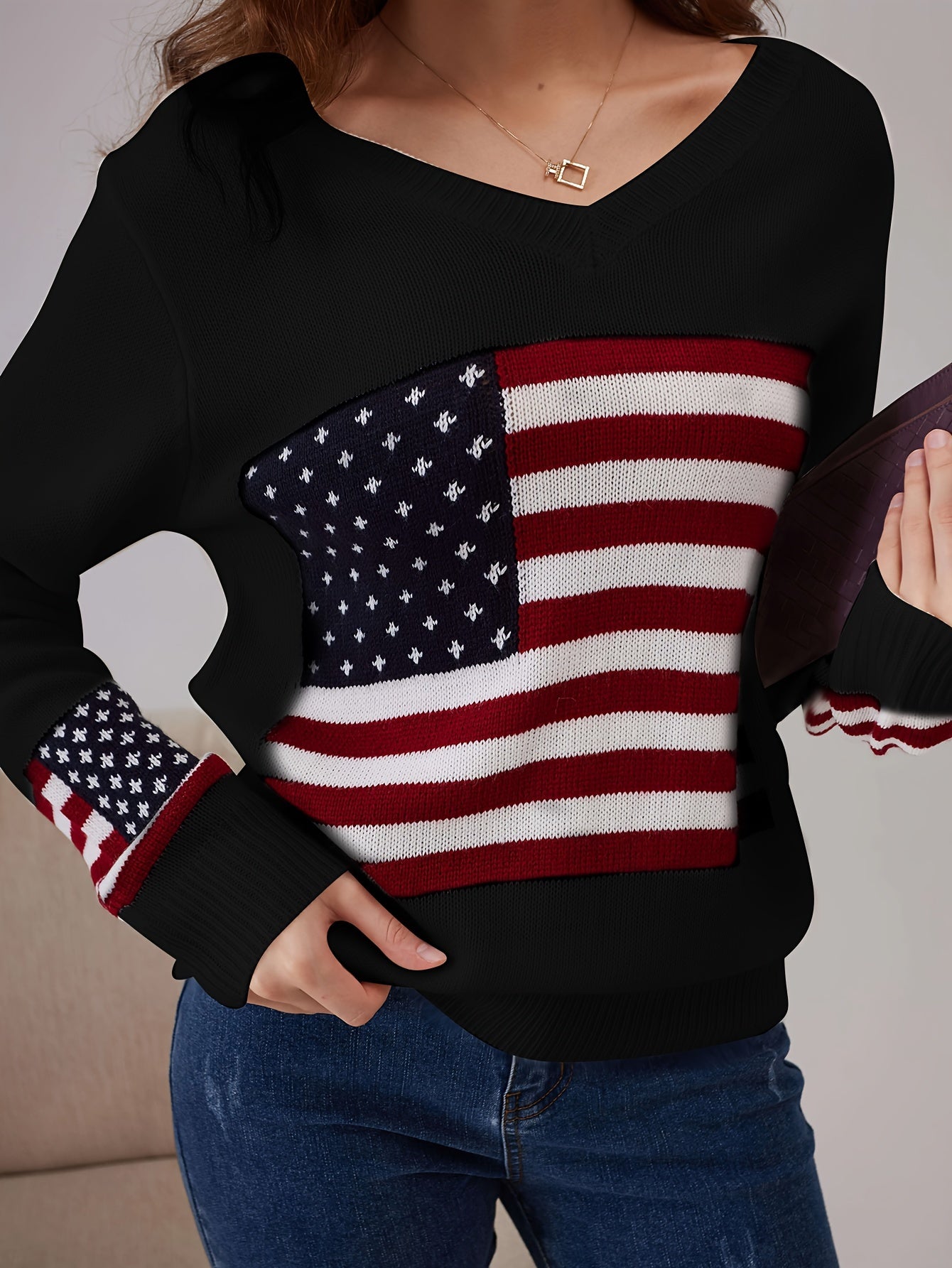 American Flag Print V Neck Sweater, Casual Long Sleeve Sweater For Spring & Fall, Women's Clothing MyFave Boutique