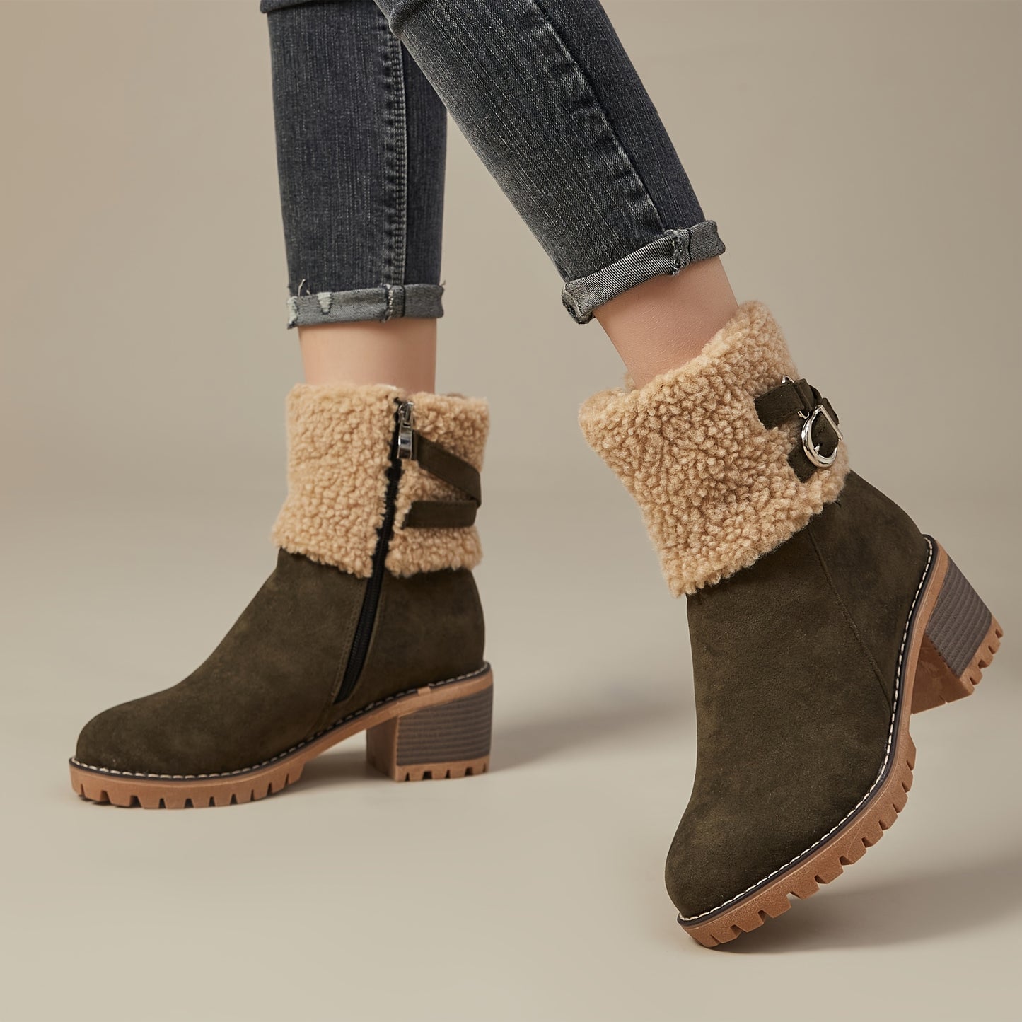 Women's Chunky Heel Short Boots, Casual Side Zipper Plush Lined Boots, Comfortable Winter Ankle Boots MyFave Boutique