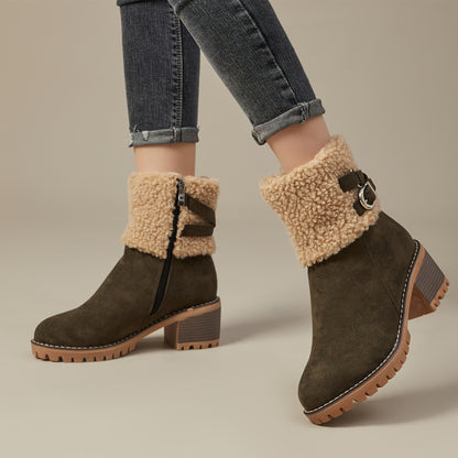 Women's Chunky Heel Short Boots, Casual Side Zipper Plush Lined Boots, Comfortable Winter Ankle Boots MyFave Boutique