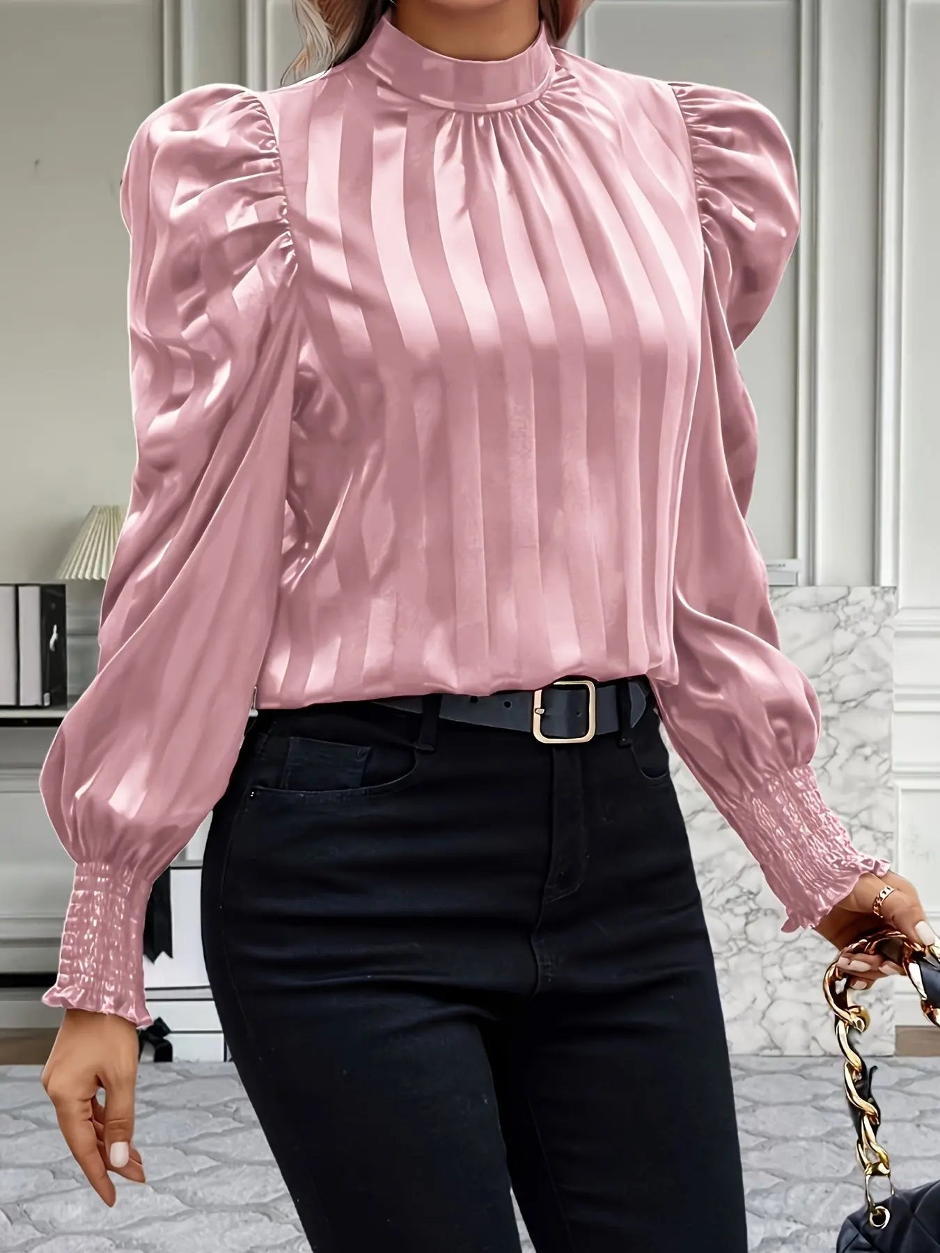 Mock Neck Puff Sleeve Blouse, Elegant Shirred Trim Blouse For Spring & Fall, Women's Clothing MyFave Boutique